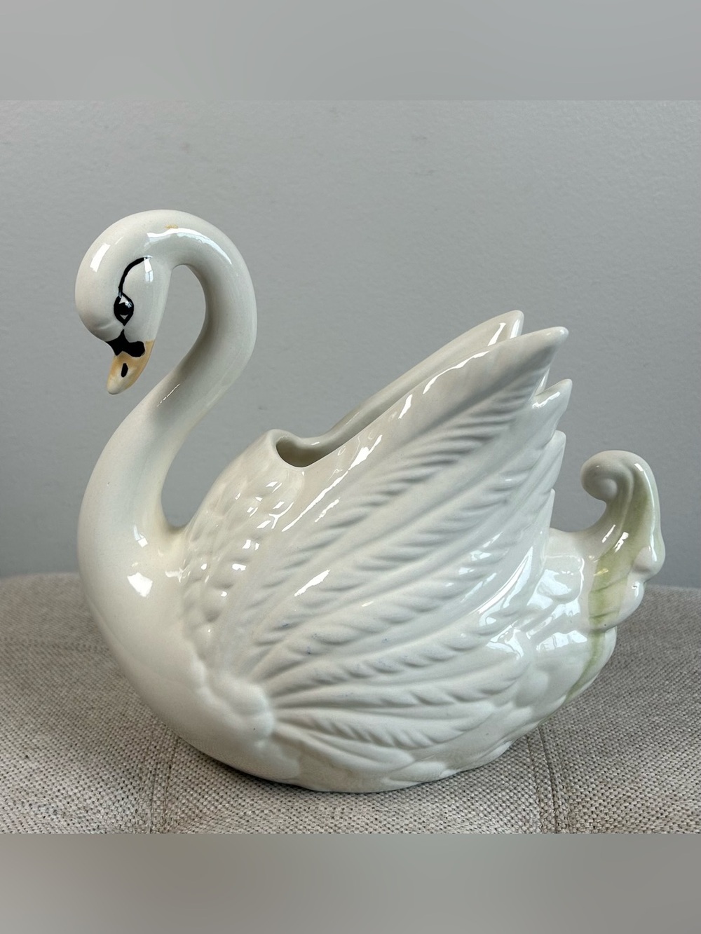 Vintage Ceramic White Swan Planter Artist Signed 7.5” Tall Painted Face L. Mac
